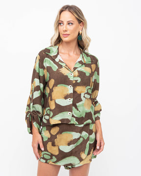 Shorts Saia Viscose Estampa Animal Print Marrom