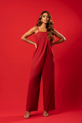 Macacão Pantalona Fluído Alças Finas Rafaela Vermelho